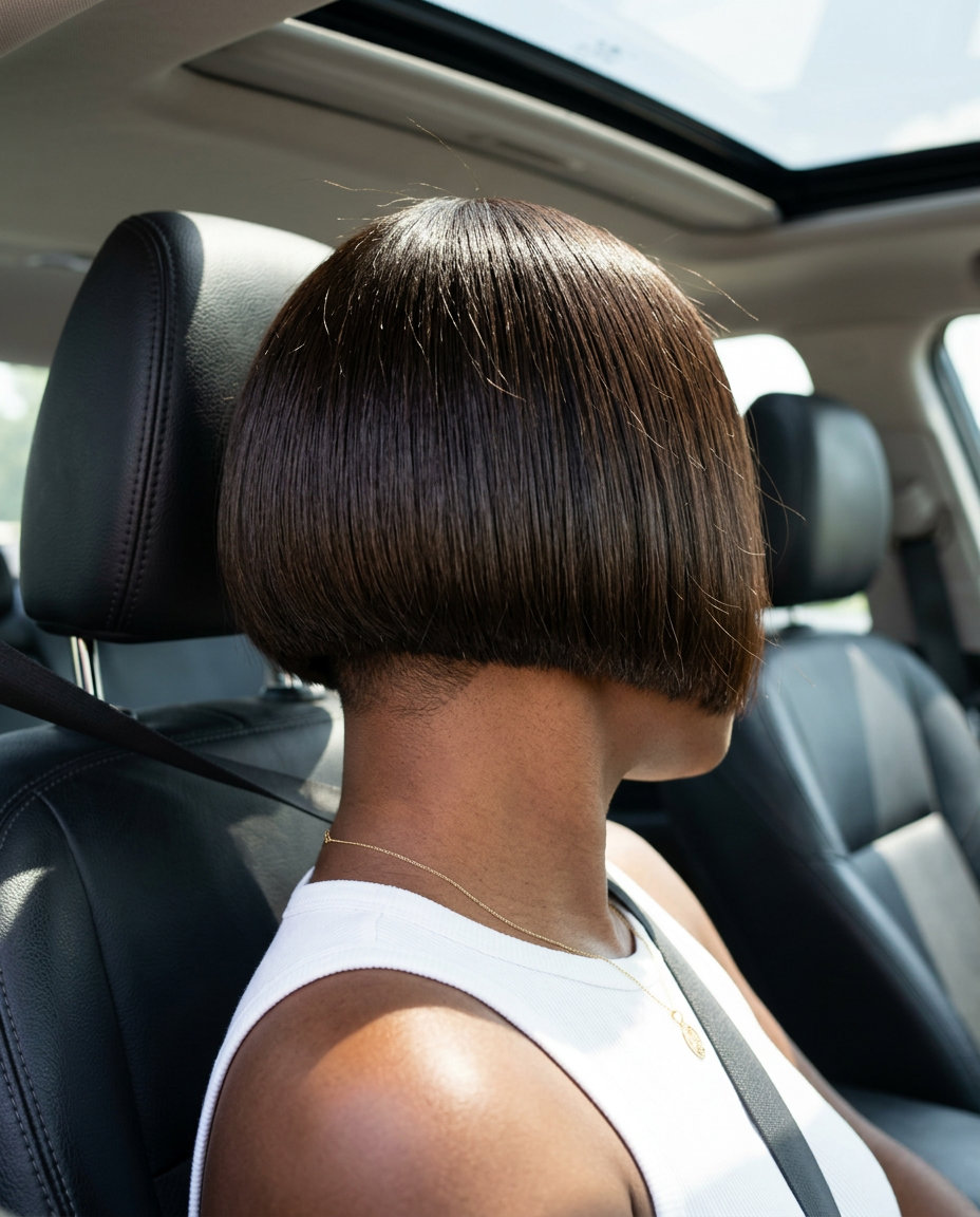 chin-length blunt bob with deep brunette, clipper-fade undercut, no bangs — edgy rebellious