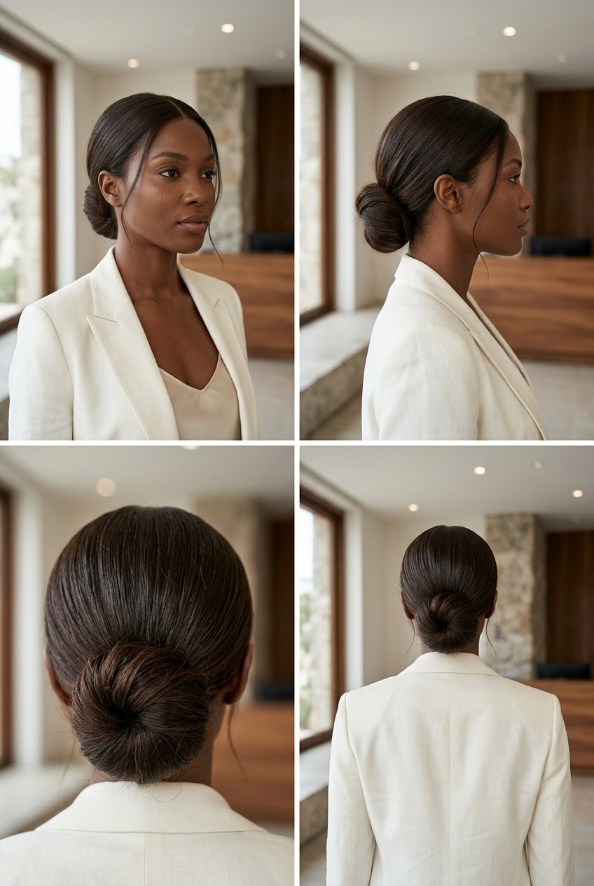 long deep brunette bun with center part and sleek finish for summer