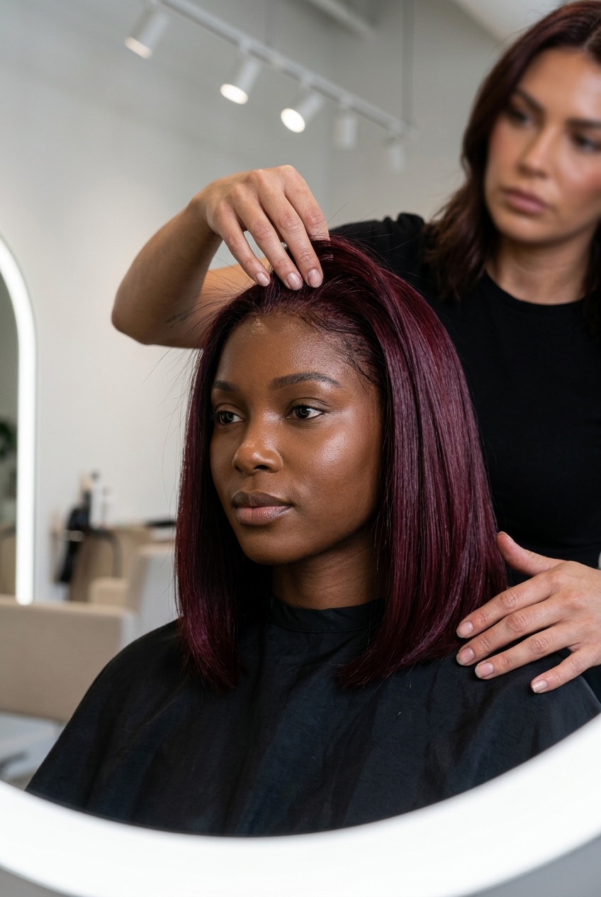 shoulder-length blunt bob with deep cherry all-over color and high-gloss finish for events