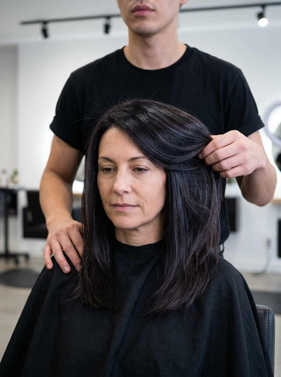 collarbone-length Kitty Cut haircut in deep cool brunette with smoky reflects, face-framing layers, textured ends — edgy and sophisticated
