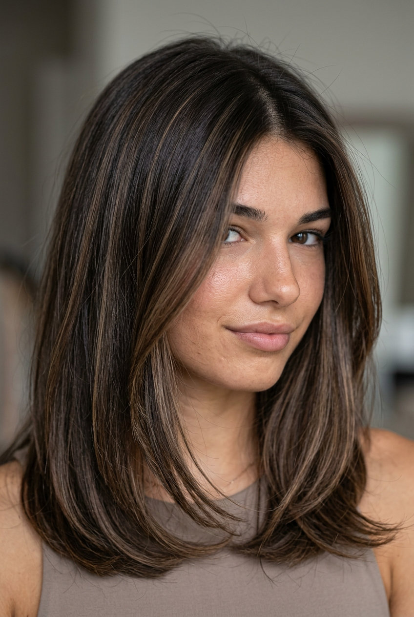 long deep espresso brunette with mocha balayage for minimalist sophistication