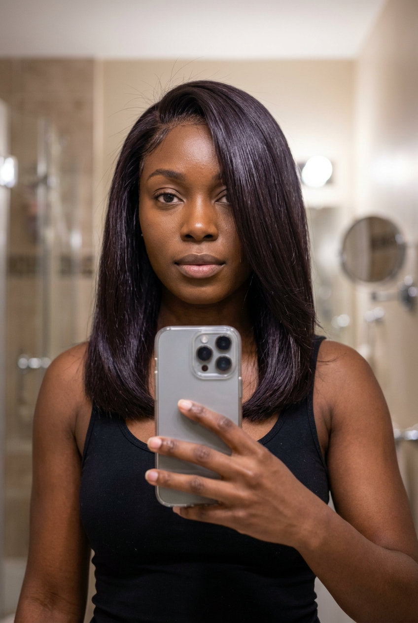 medium blunt haircut with deep espresso, violet undertones, U-shape back — bold sophisticated formal event