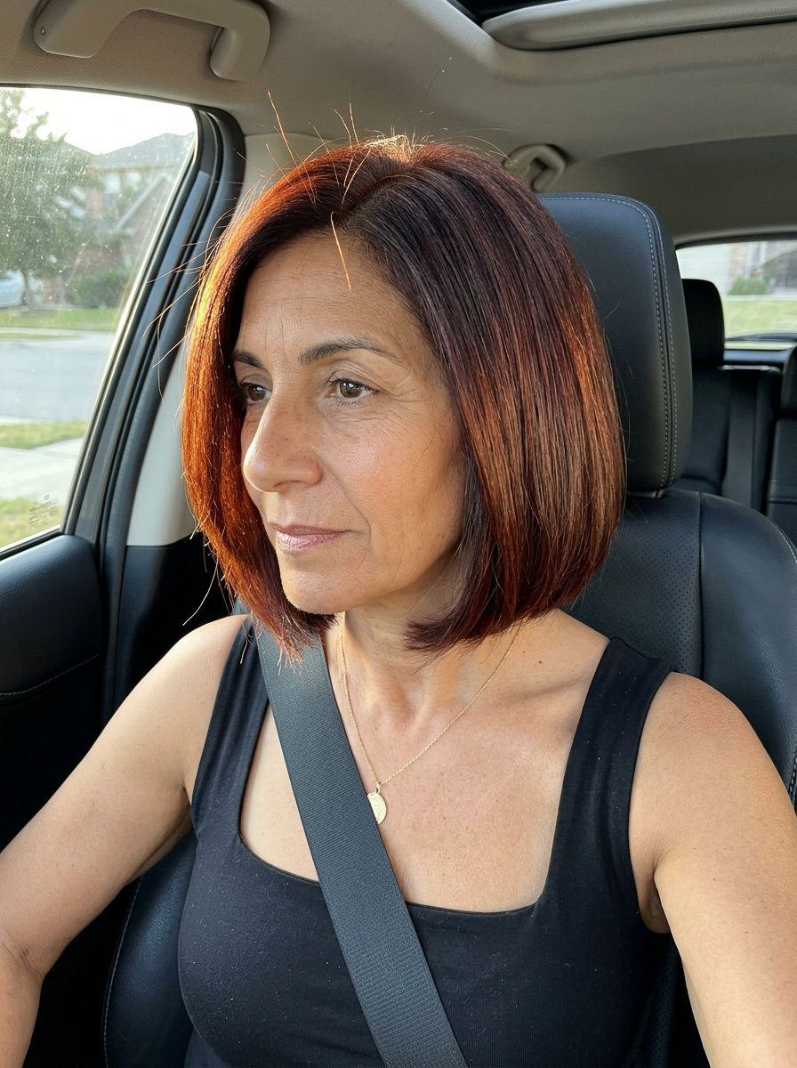 Tuscan Sunset Bob Haircut 2026: Chic & Elegant chin-length Italian bob haircut in deep mahogany with auburn undertones and blunt perimeter