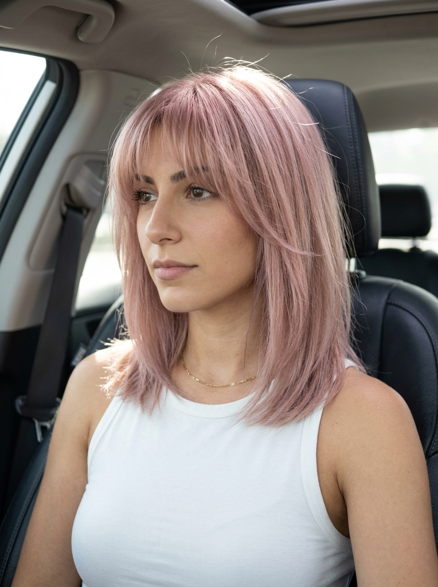 shoulder-length dusty rose gold lob with face-framing layers and soft fringe for summer