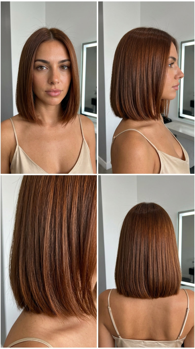 chin-length blunt bob in earthy auburn with copper-brown undertones, precision cut for a sharp perimeter — bold date night look
