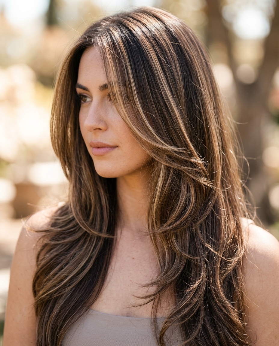 long espresso hair with amber & gold ribbons, V-cut — romantic