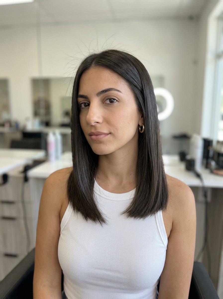 blunt bob brunette with rich espresso, ash undertones — professional, sleek