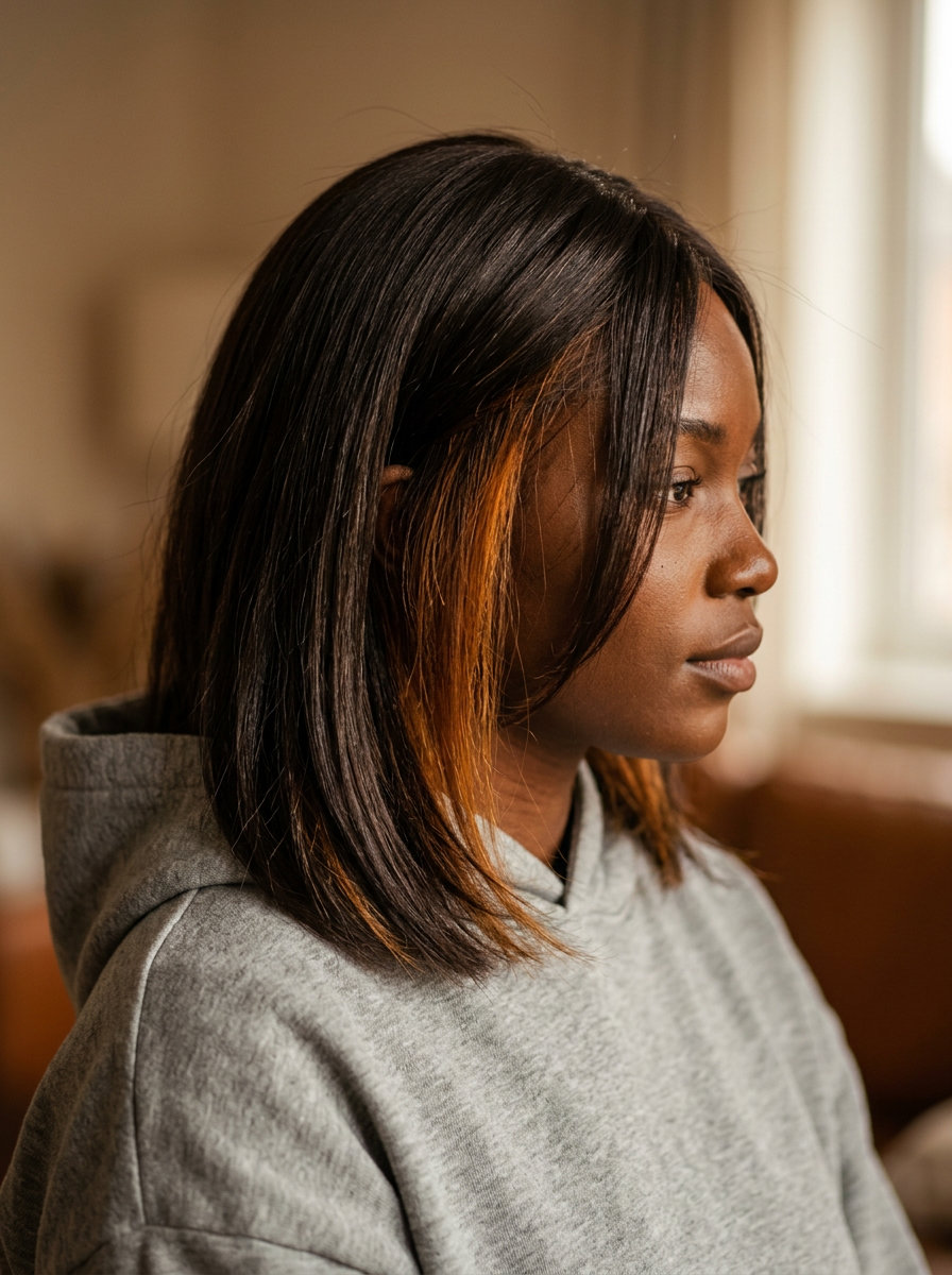 blunt lob brunette with espresso base, amber peekaboo highlights — edgy, mysterious