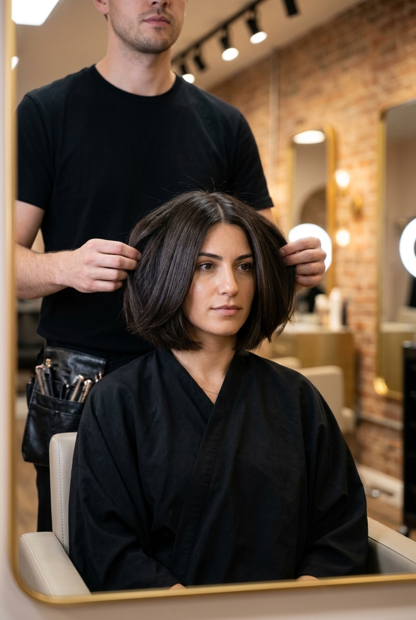 chin-length italian bob haircut with deep espresso brunette, cool undertones, blunt perimeter — professional minimalist style