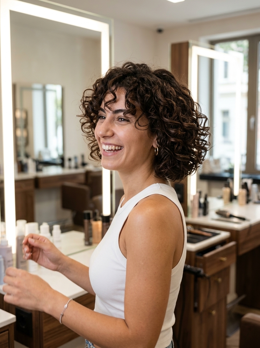 chin-length italian bob haircut in espresso brunette with warm chestnut gloss and internal layering for curls — effortless vacation