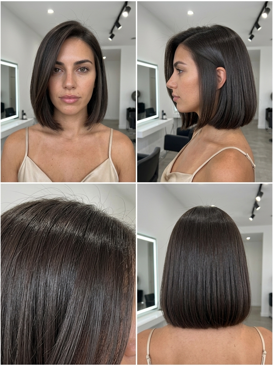 chin-length italian bob haircut in deep espresso brunette with sharp perimeter and no layers — professional sophistication