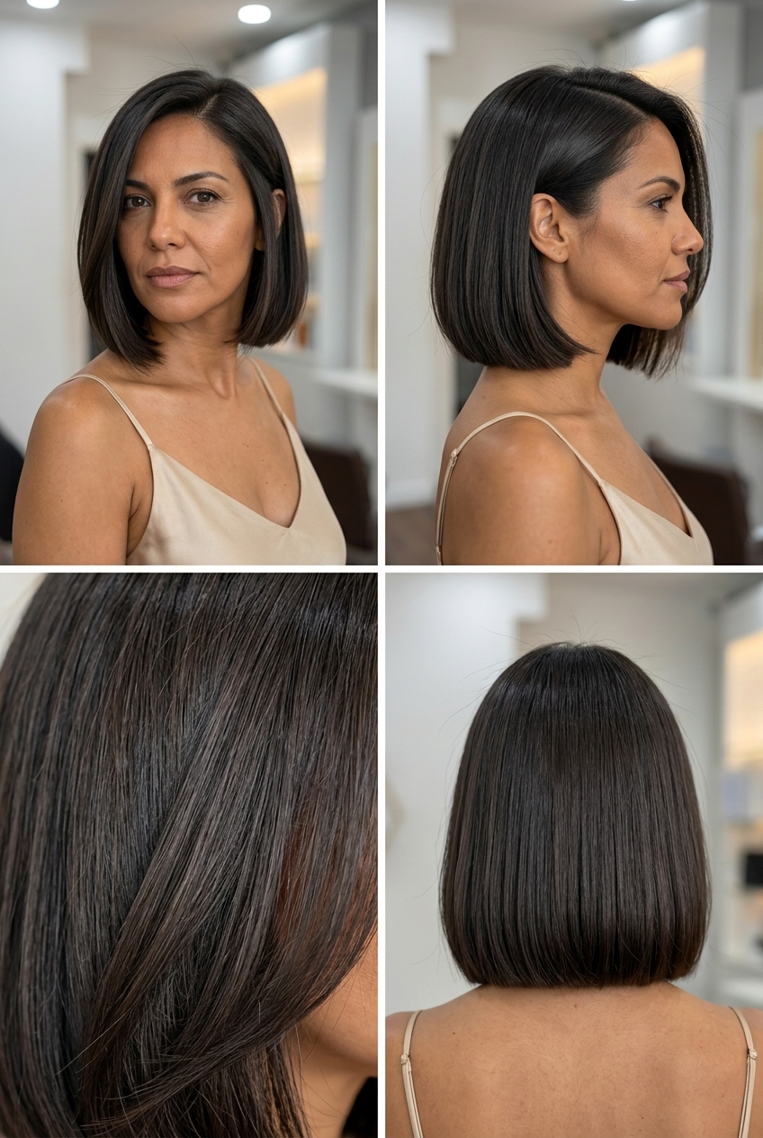 chin-length Hydro-Bob with deep espresso brunette, cool smoky reflects, blunt perimeter — modern edgy style