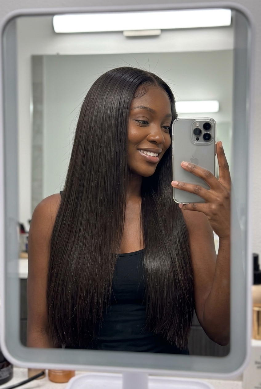 long espresso brunette haircut with high-gloss finish and blunt ends for formal event