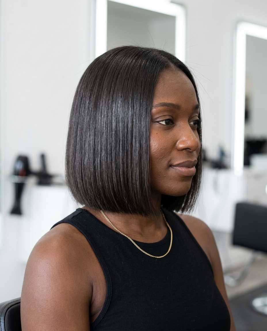 jaw-length laser blunt bob with cool espresso brunette, no bangs, no layers — polished edgy