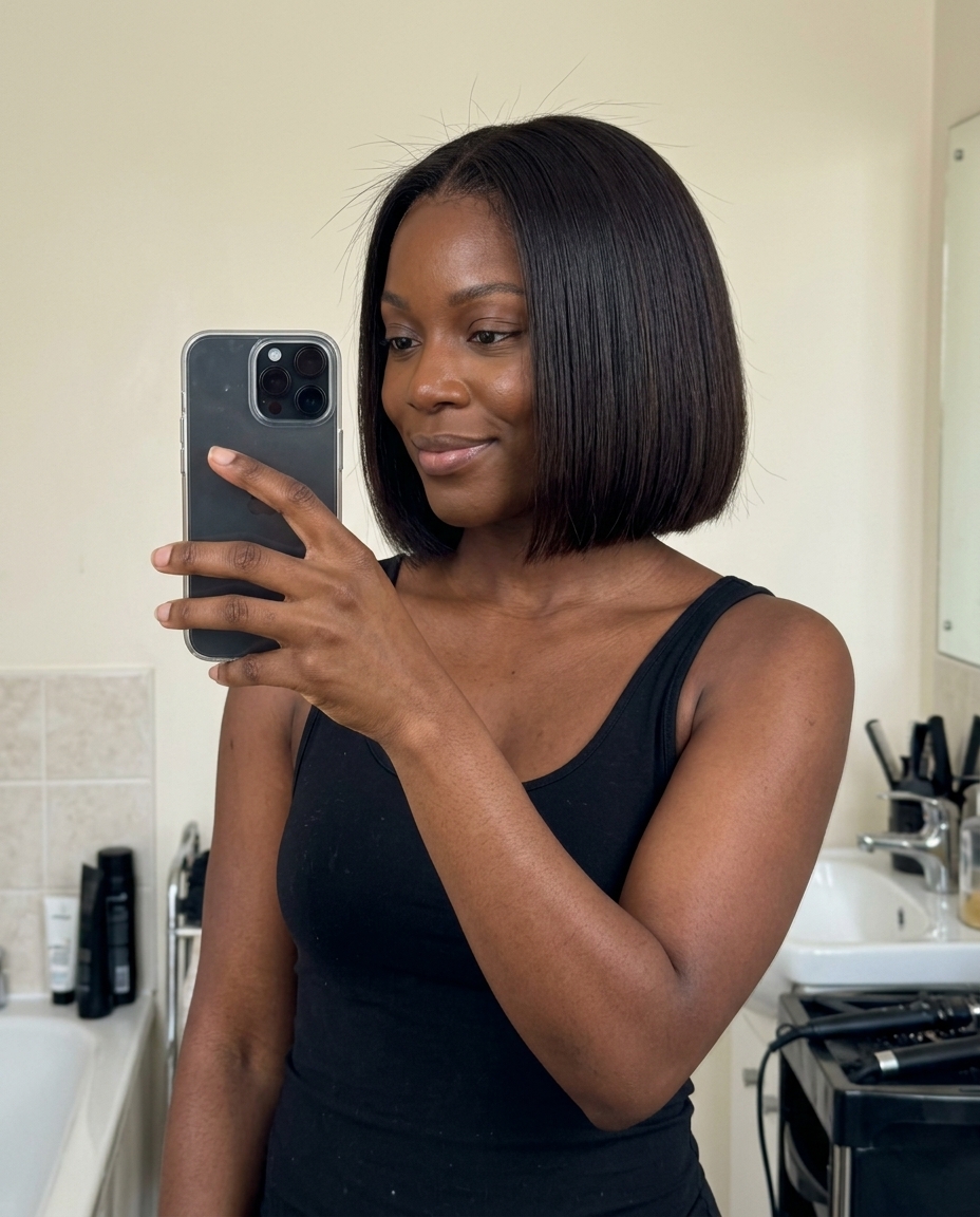 jawline-to-chin italian bob haircut in deep espresso brunette with blunt perimeter and no layers — authoritative professional