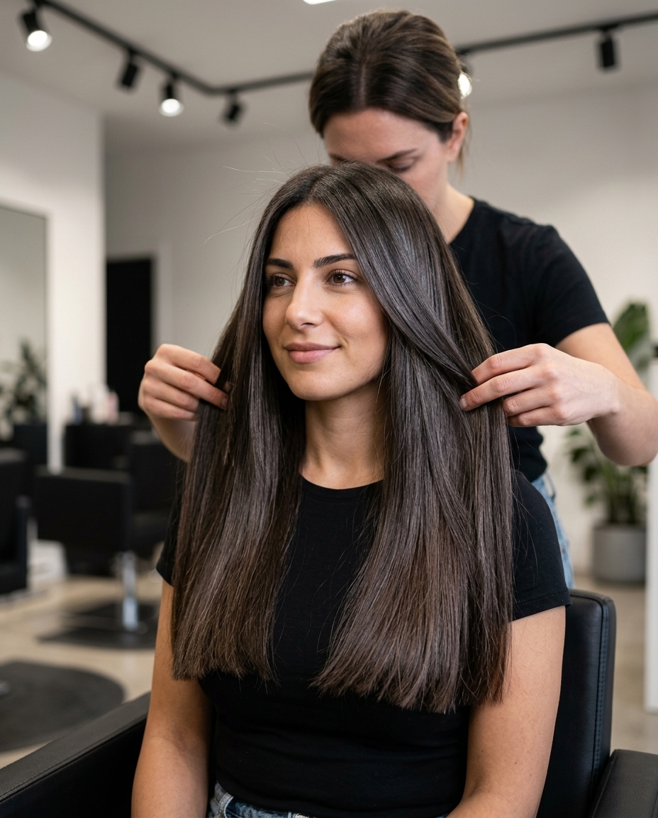 long blunt haircut in deep espresso brunette with high-shine finish for professional summer gala