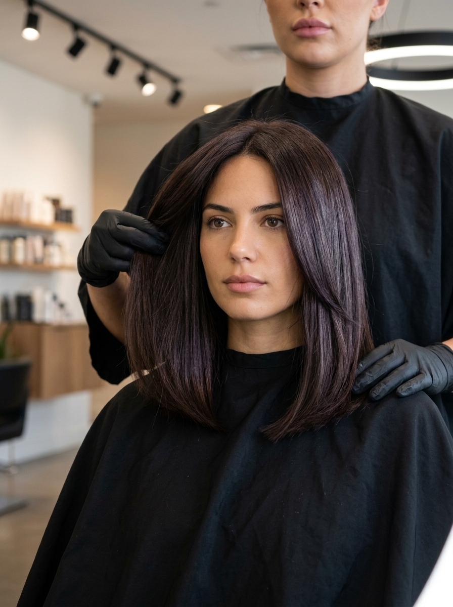 medium sculpted haircut with espresso brunette and violet undertones for summer
