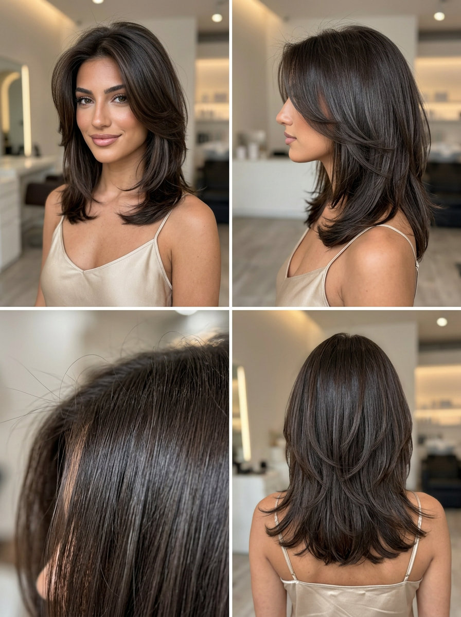medium layered wolf cut in espresso brunette with high shine for work