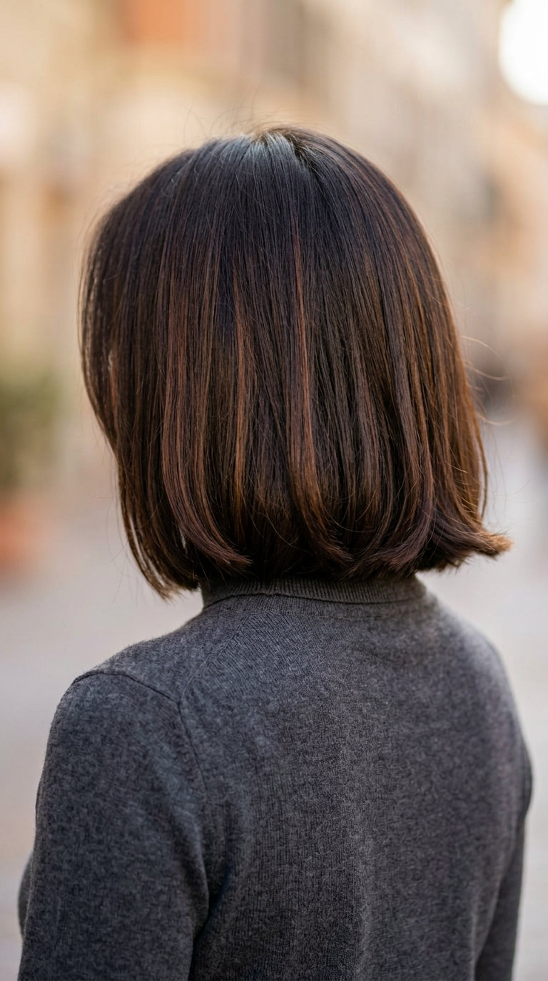 neck-grazing blunt bob haircut with deep espresso brunette, subtle auburn lowlights, no bangs — classic chic