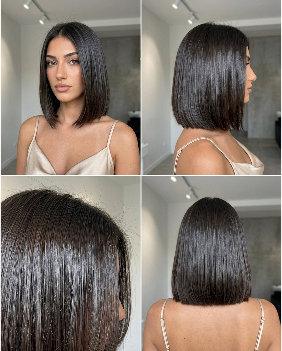 short blunt bob haircut with espresso brunette, glossy finish, no bangs — chic summer