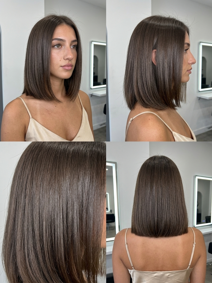 short blunt bob haircut with espresso brunette color, deep side part for chic sophisticated look