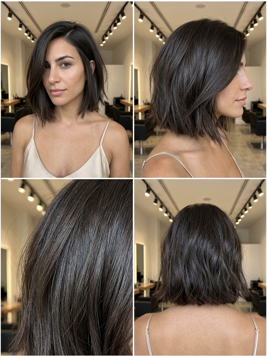 short espresso brunette bob haircut with ash undertones, subtle texturizing, no bangs — sophisticated edgy
