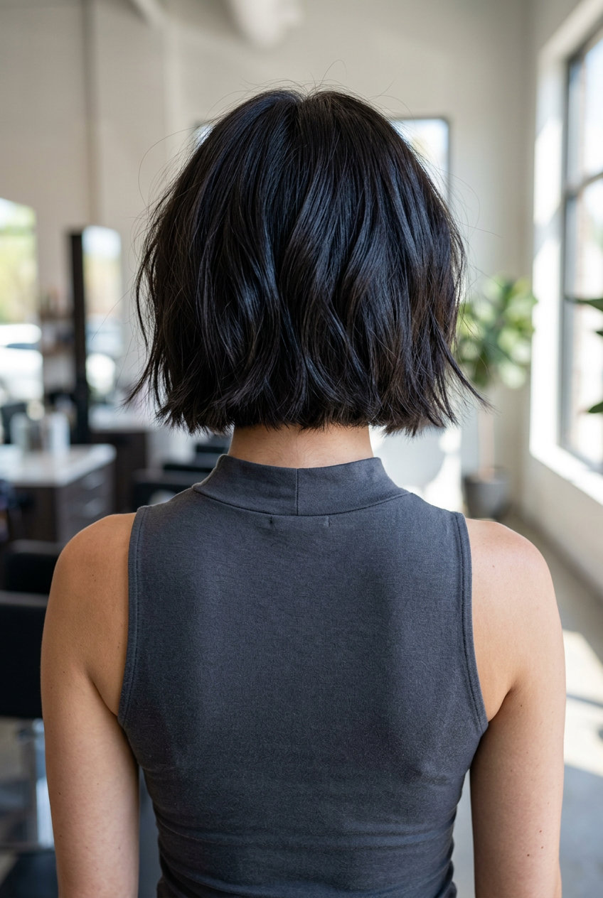 short messy bob haircut with deep espresso brunette, blunt perimeter and shattered effect for summer