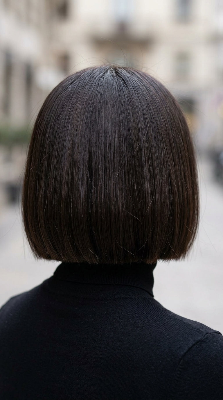 short french bob haircut with deep espresso brunette, blunt cut, no bangs — professional elegant refined