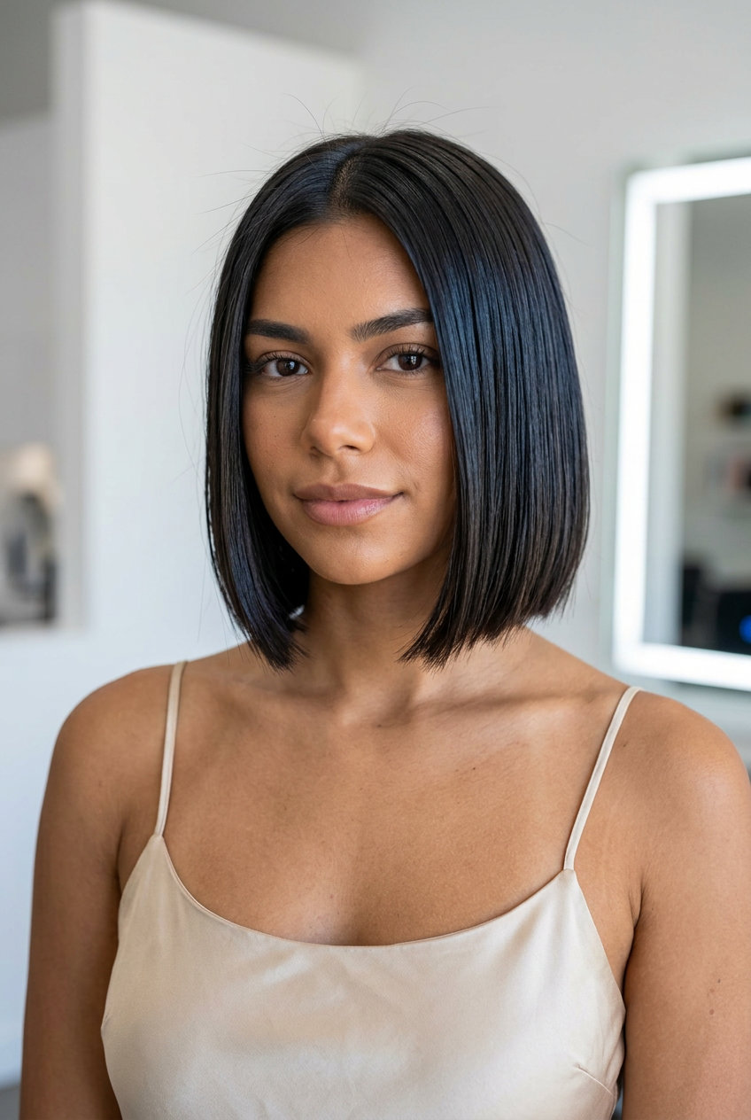 short french bob haircut with deep espresso brunette, blue-black undertones, blunt cut — bold sleek sophisticated