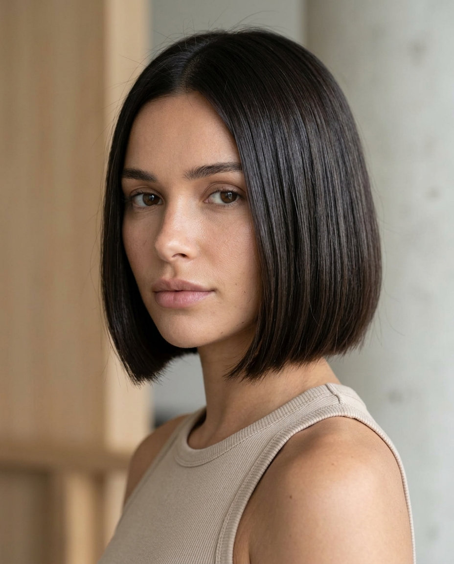 short French bob in espresso brunette with blue-black undertones and blunt perimeter
