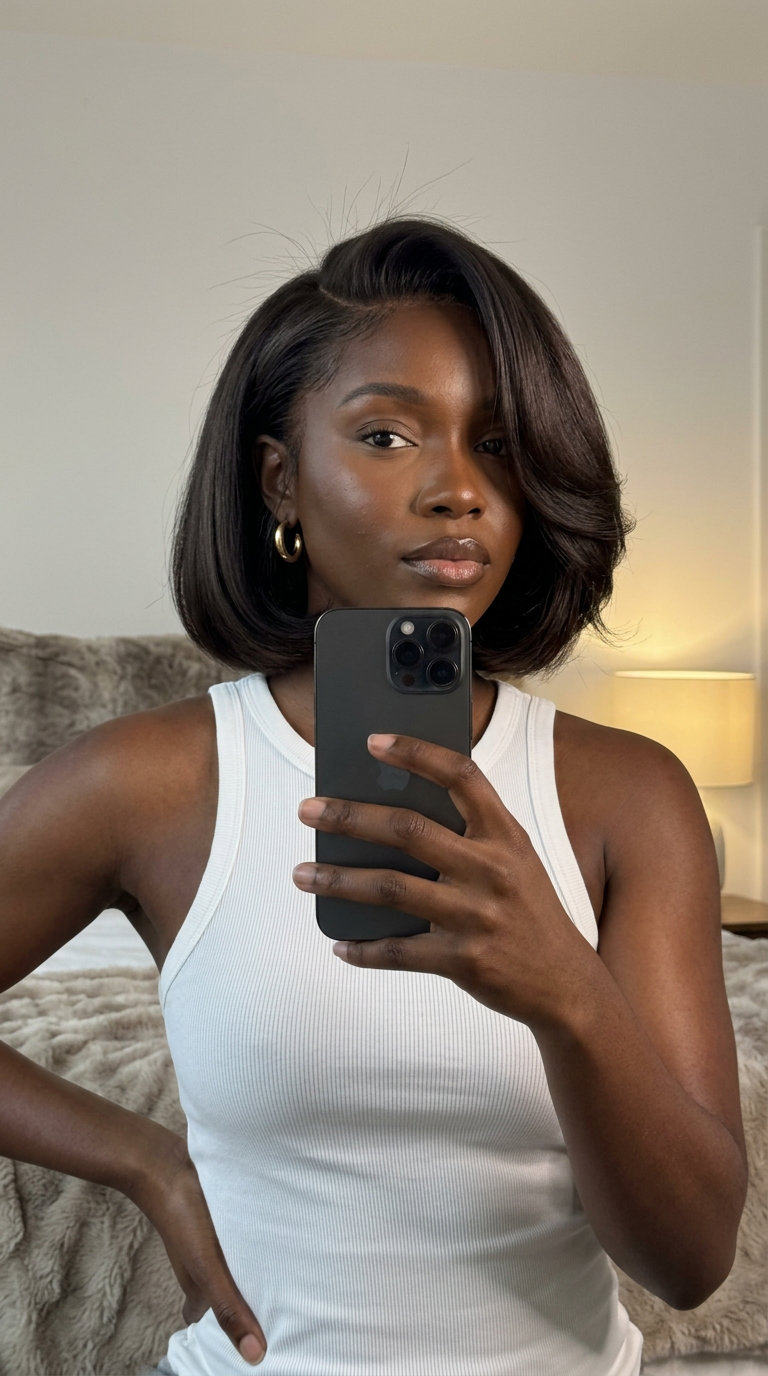 short Italian crop haircut with espresso brunette, blunt perimeter, deep side part — polished summer