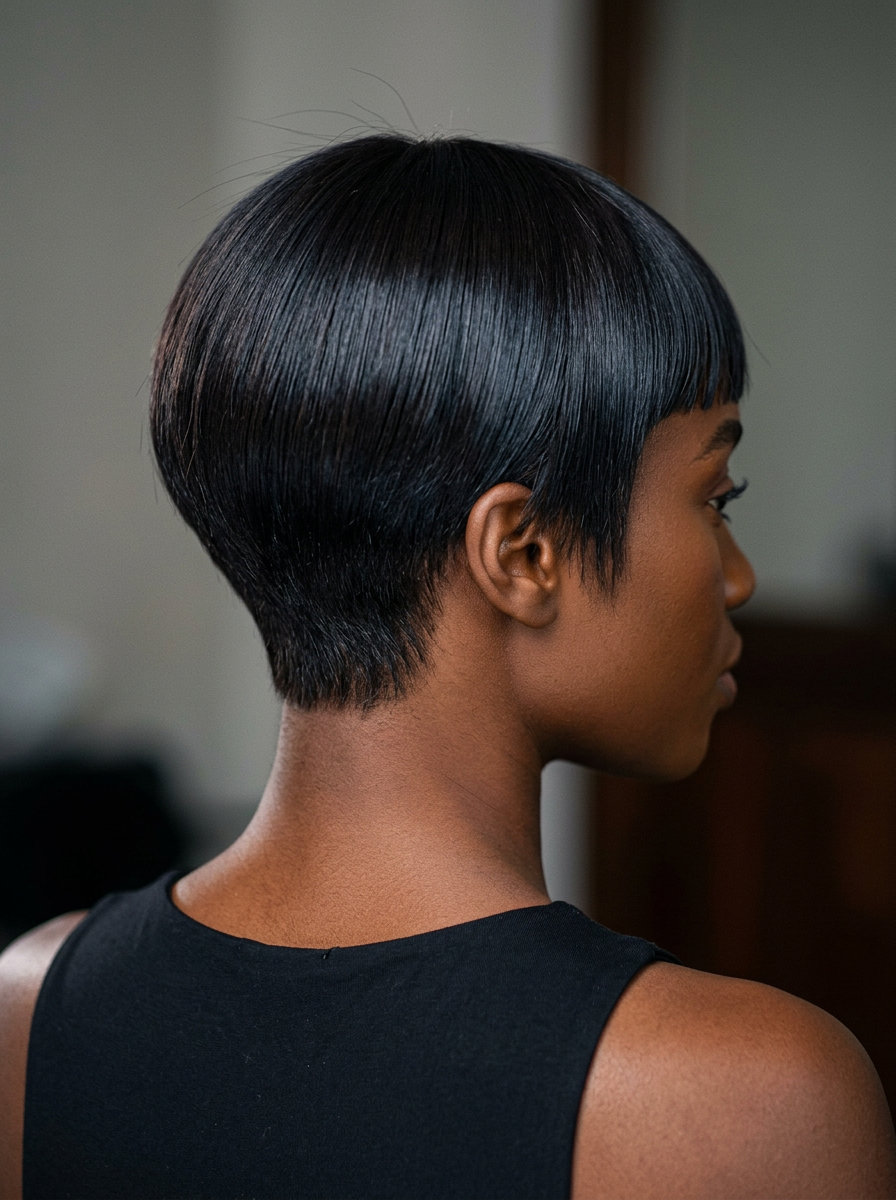 short pixie haircut in deep espresso brunette with blue-black undertones and micro-fringe for summer