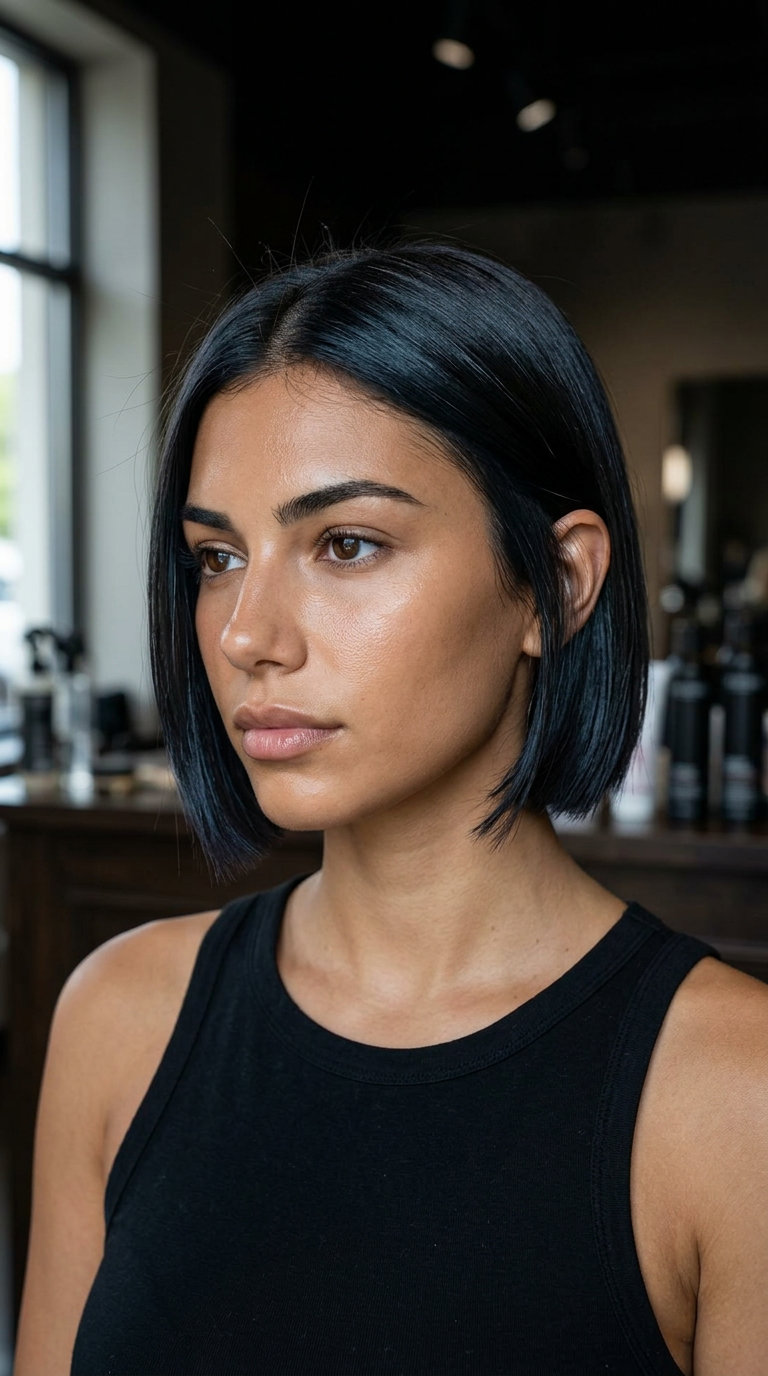 short razor cut haircut in deep espresso brunette with blunt ends for summer