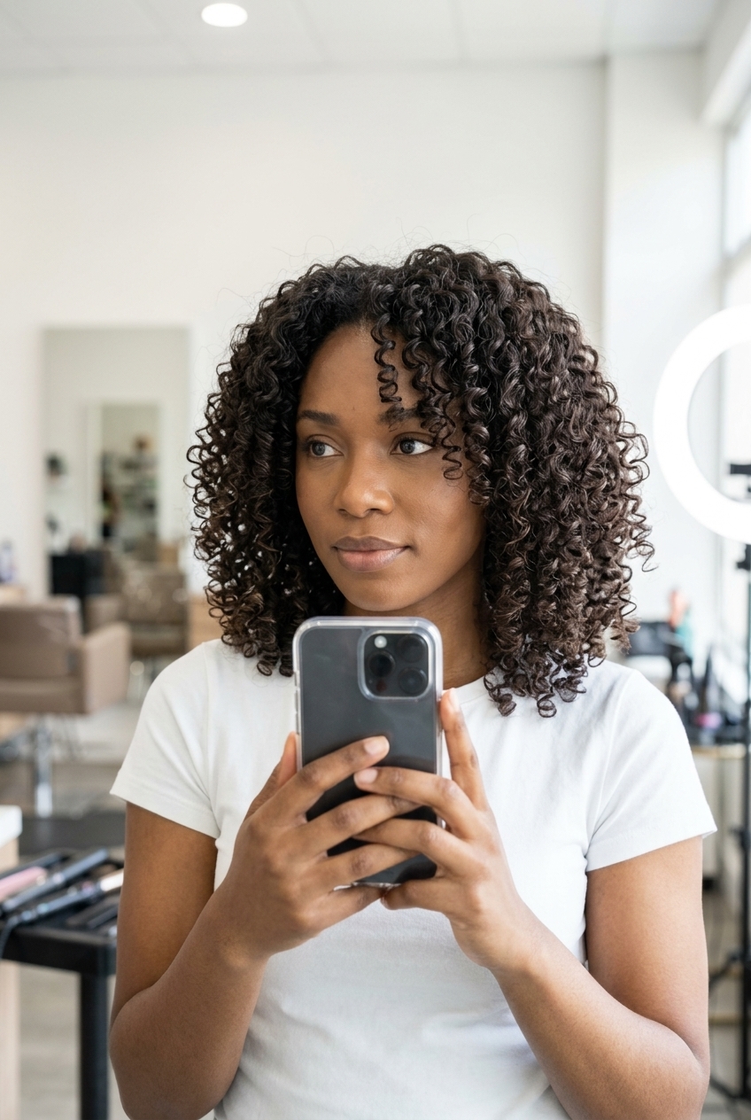 shoulder-length curly lob haircut in cool espresso brunette with internal layers and face-framing pieces for round faces