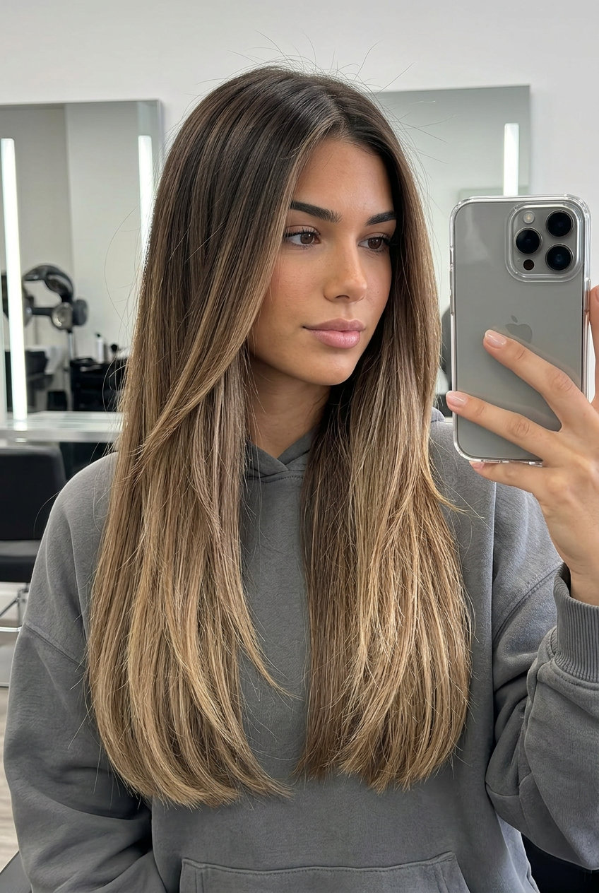 long one-length haircut in cool espresso to caramel ombré with blunt ends for summer 2026