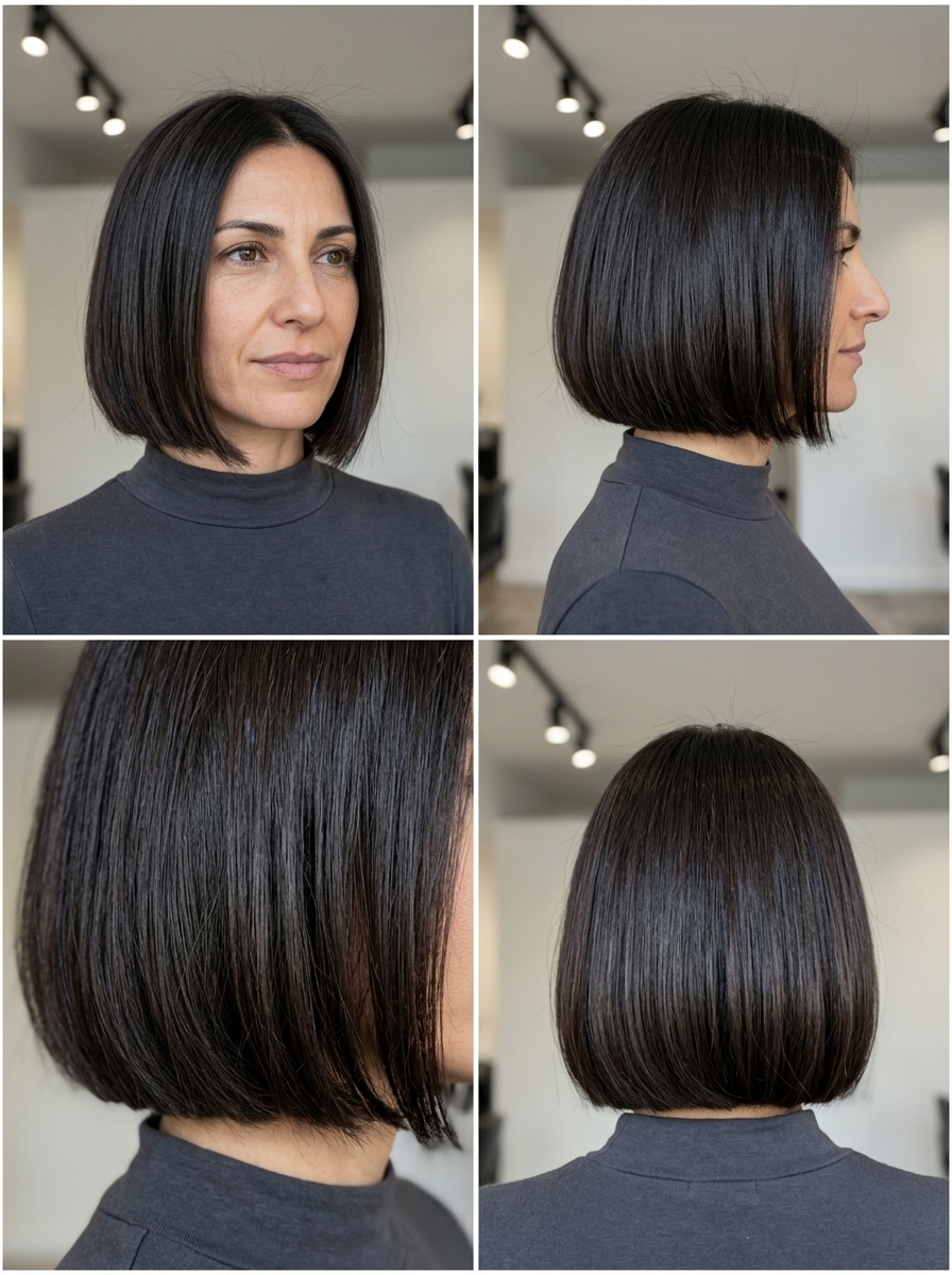chin-length blunt bob haircut in deep espresso brunette with cool smoky undertones, sharp perimeter, no fringe — sophisticated and sharp