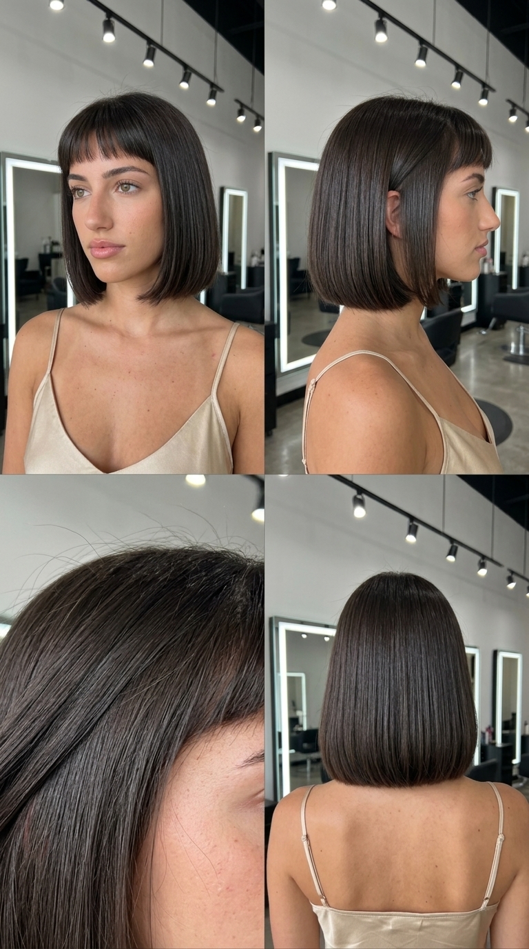 chin-length espresso bob haircut with dense baby bangs and high-gloss finish for edgy looks