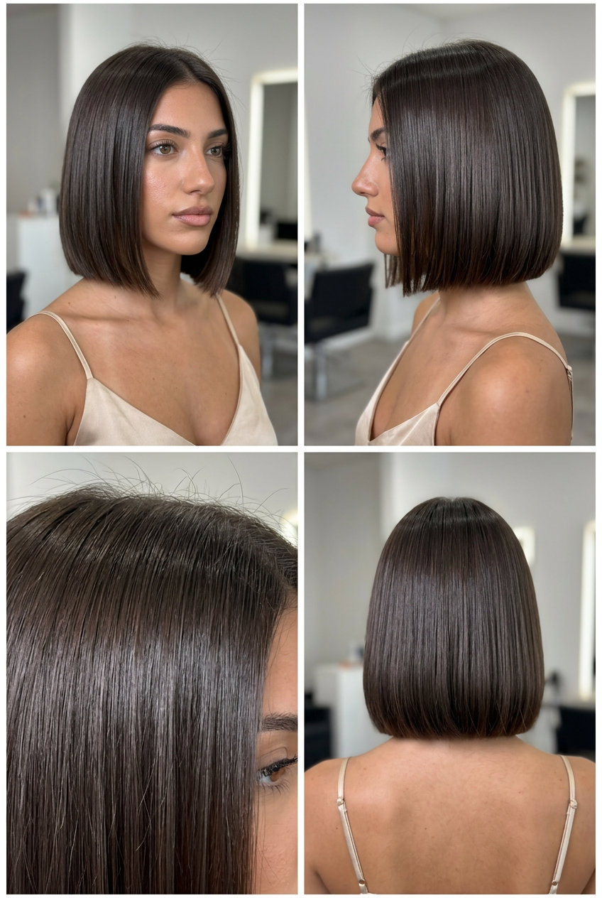 chin-length blunt bob haircut in deep espresso brunette with glass shine, no layers, for professional events