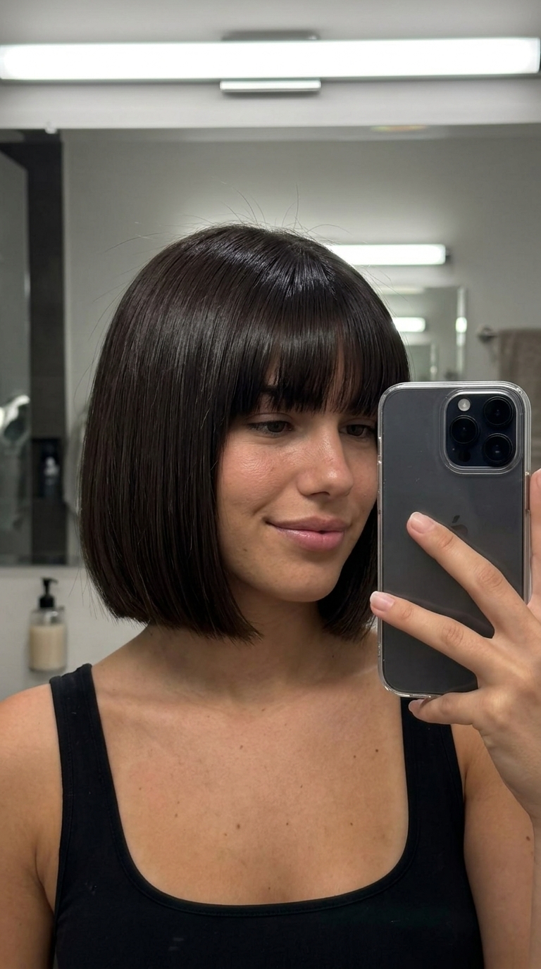 chin-length espresso bob haircut with blunt fringe and high-gloss finish for summer