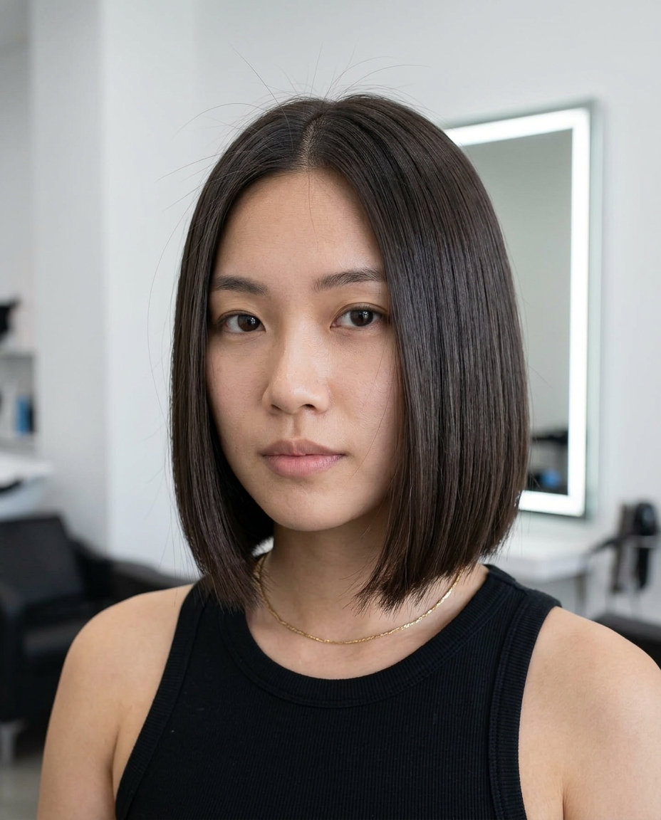 chin-length blunt bob haircut in deep espresso brunette with high gloss, no layers, for sophisticated looks