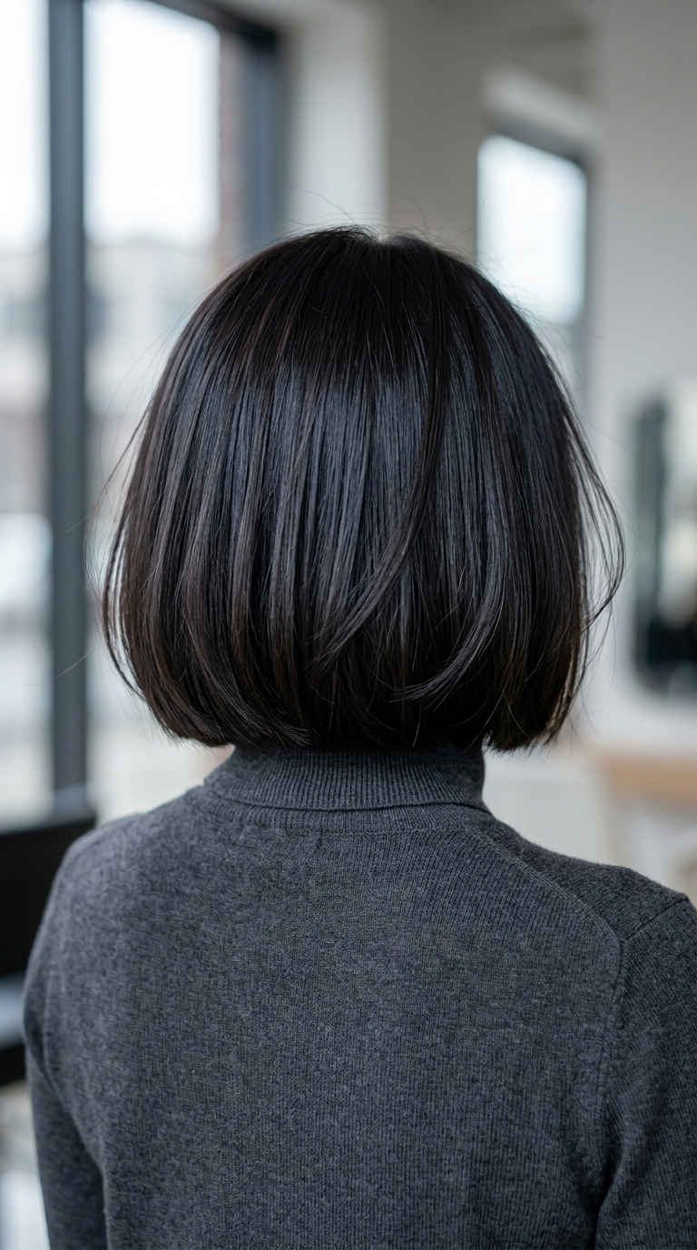 chin-length espresso brunette Italian bob haircut with blunt perimeter, no bangs — elegant & bold