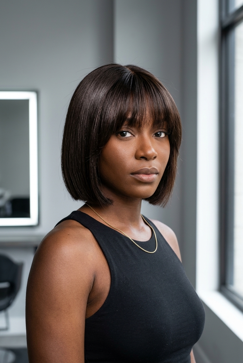 chin-length espresso bob haircut with bottleneck bangs and high-shine gloss for chic looks