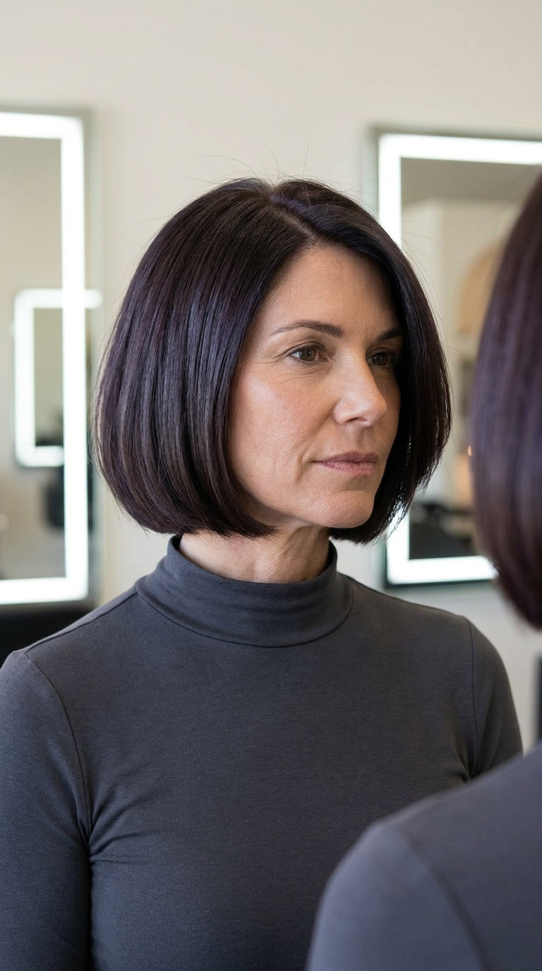 Milanese Power Bob Haircut 2026 chin-length espresso italian bob haircut with violet undertones, blunt perimeter, no fringe — sophisticated sharp