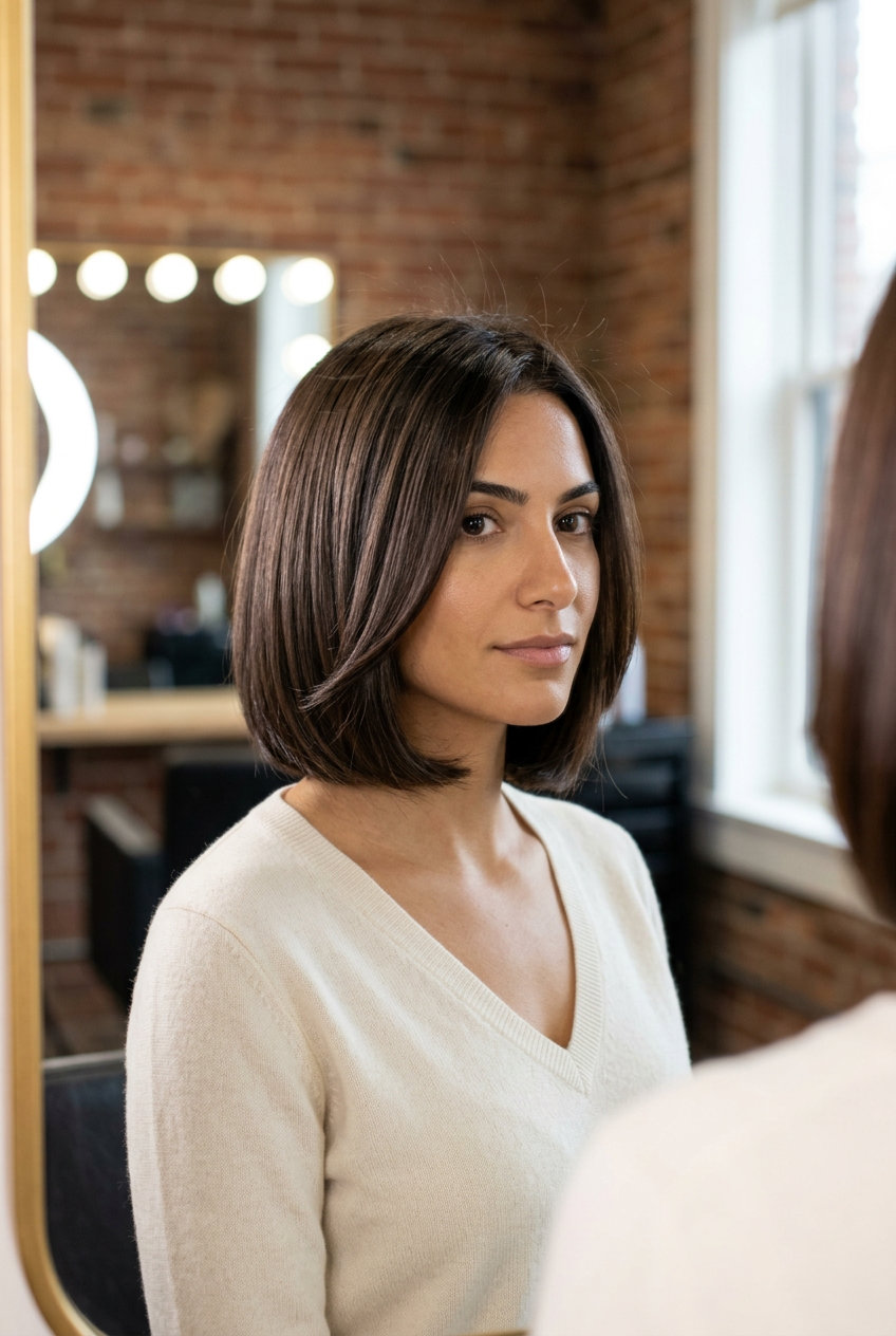 chin-length espresso brunette Italian bob with mocha undertones for classic style