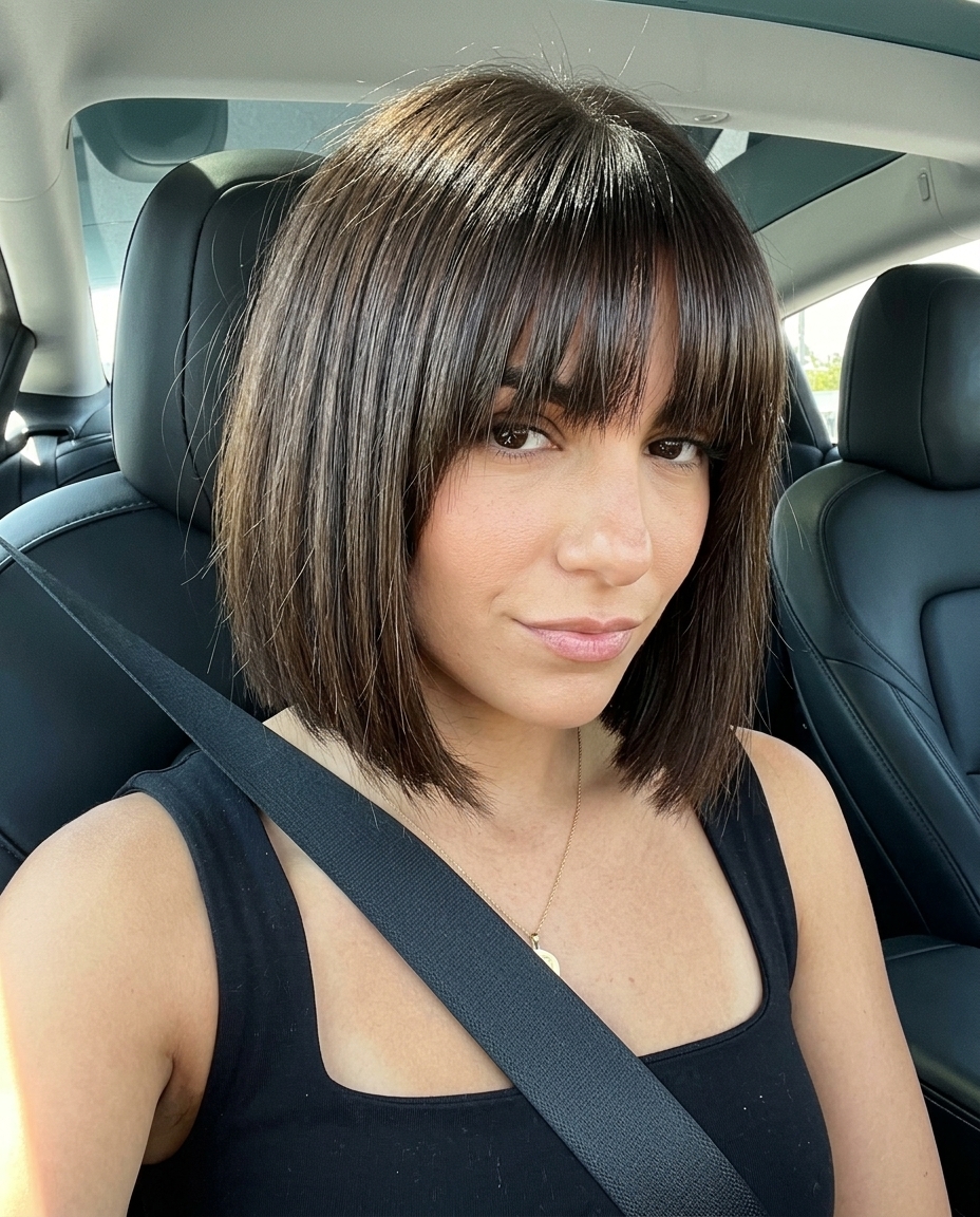 chin-length espresso brunette textured bob with angled blunt fringe for summer