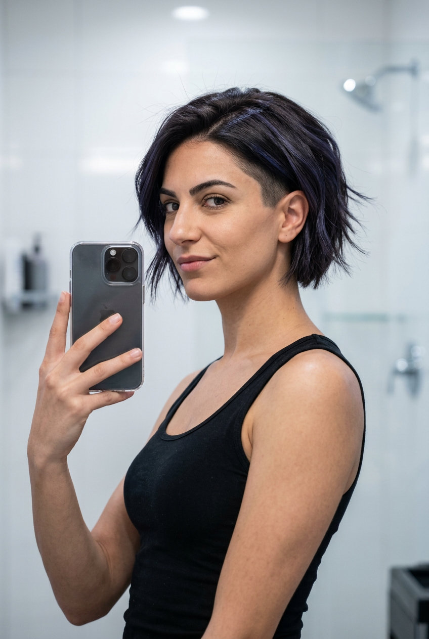 chin-length choppy layered haircut with deep espresso, violet-blue micro-lights, and midnight cocoa undercut for summer