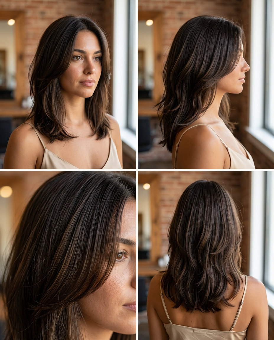collarbone-length Kitty Cut haircut with deep espresso brunette, face-framing layers, subtle caramel gloss — sophisticated professional