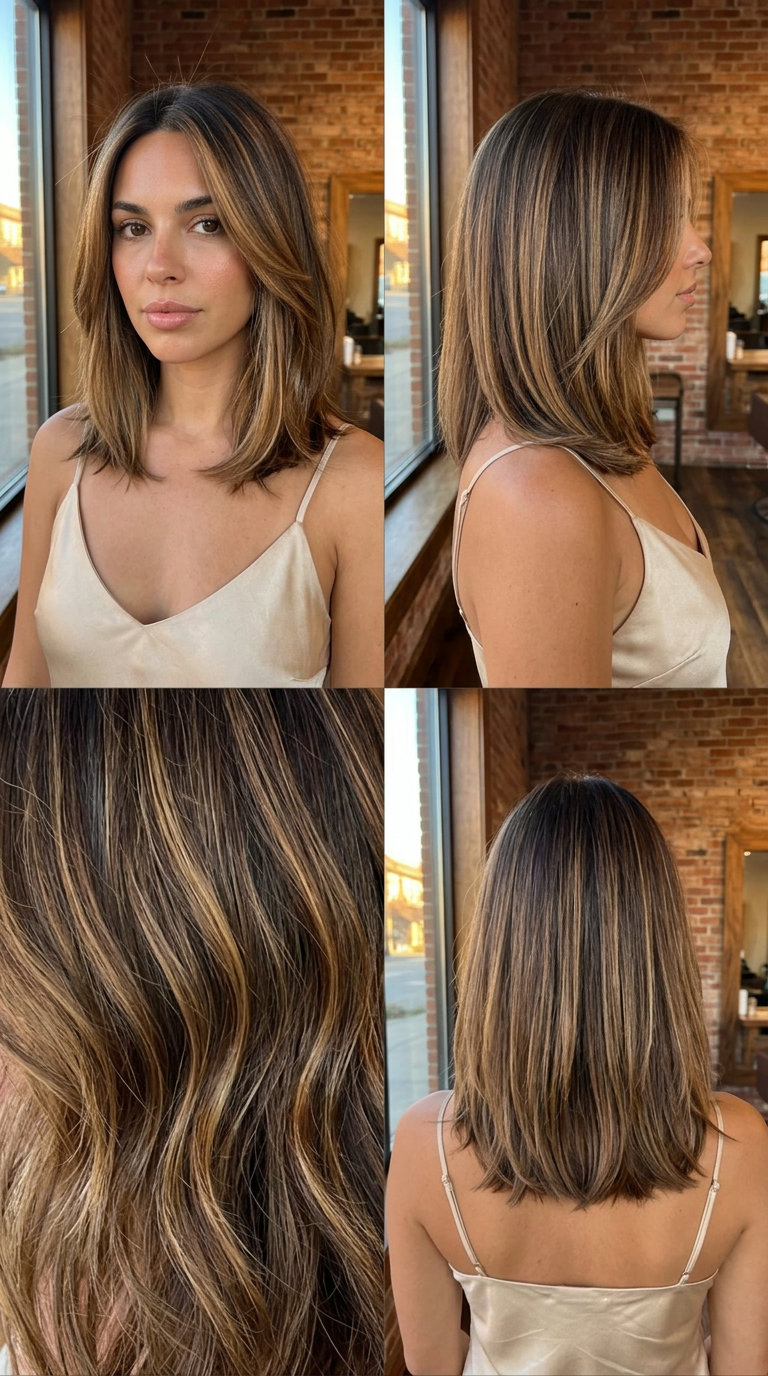 collarbone-length lob haircut in espresso brunette with caramel balayage, soft layers, for bohemian vibes