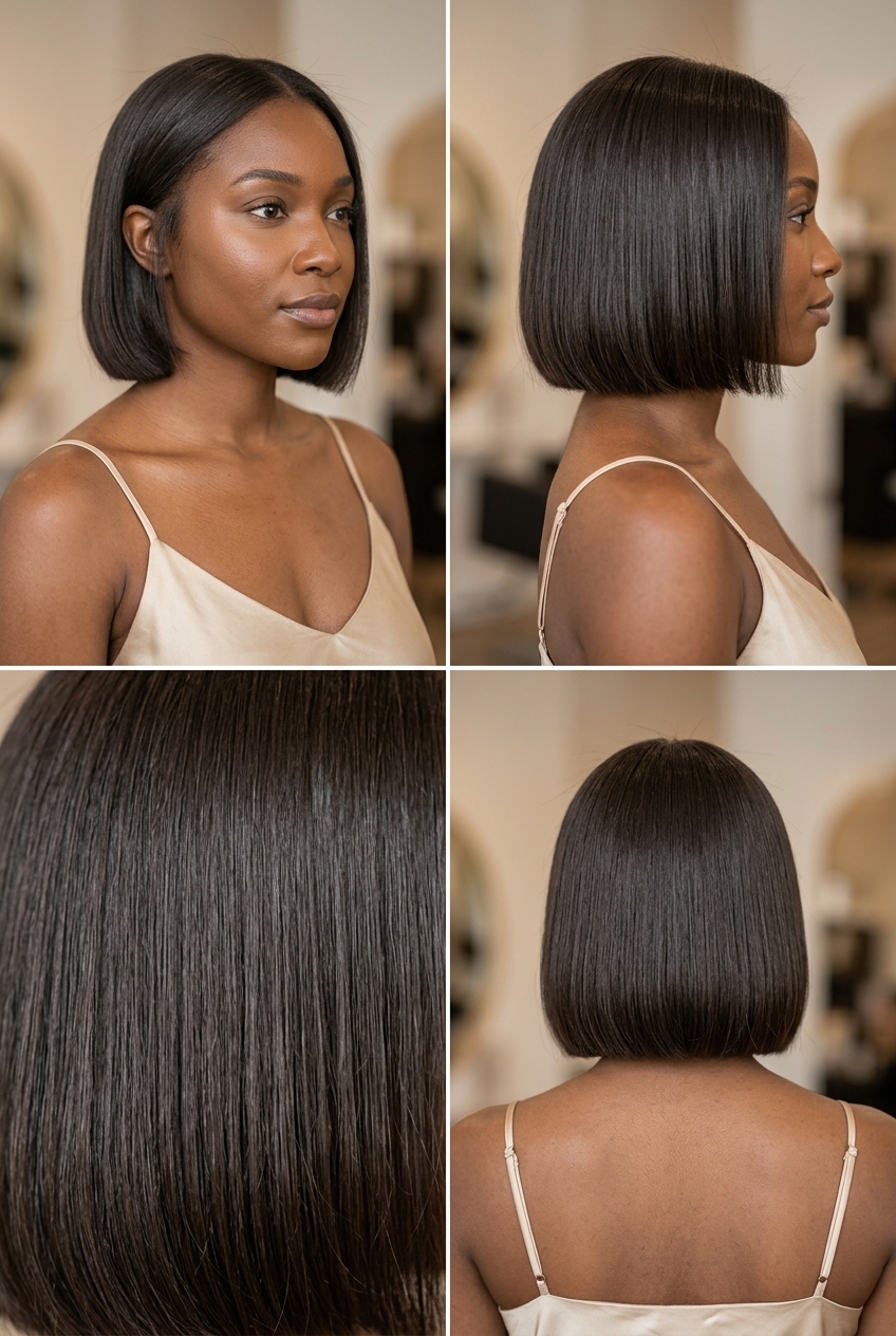 earlobe-length petit blunt bob with deep espresso, cool dark brown, no bangs — chic minimalist