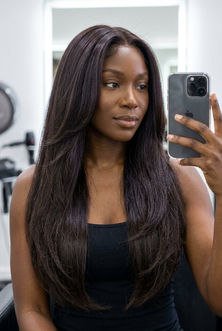extra-long espresso brunette hair with siren waves and violet undertones for date night